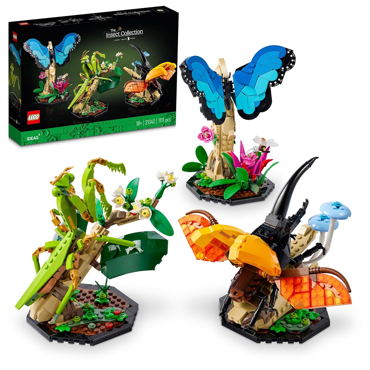 LEGO 21342 Ideas The Insect Collection set featuring detailed brick-built models of a butterfly, beetle, and praying mantis on display stands.