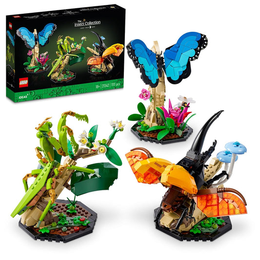 LEGO 21342 Ideas The Insect Collection set featuring detailed brick-built models of a butterfly, beetle, and praying mantis on display stands.