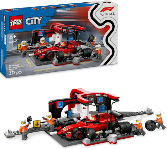 LEGO City F1 Pit Stop & Pit Crew with Ferrari Car 60443 featuring a Ferrari race car, pit stop with tools, and minifigures of a driver and four pit crew members, designed for builders aged 6+