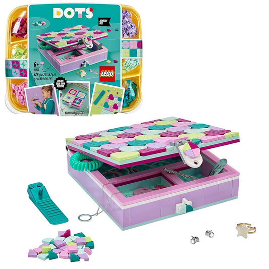 LEGO DOTS 41915 Jewellery Box set with colorful tiles and beads, designed for kids to personalize and use as stylish room or desk decor.
