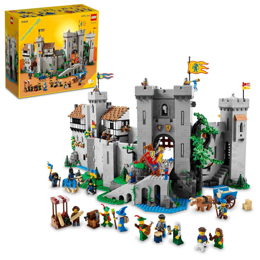 LEGO Lion Knights’ Castle 10305 set with 4,514 pieces, featuring a detailed medieval castle with towers, drawbridge, and 22 minifigures for immersive play.
