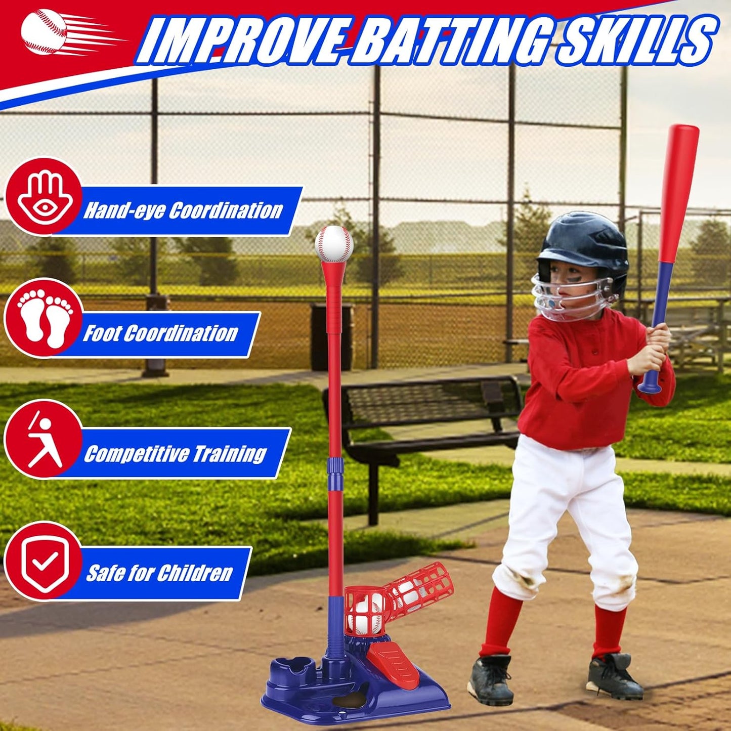 3-in-1 Kids Baseball Set – Tee Stand, Hanging Tee & Ball Launcher with 6 Balls | Adjustable Height Outdoor Game (Ages 3–12)