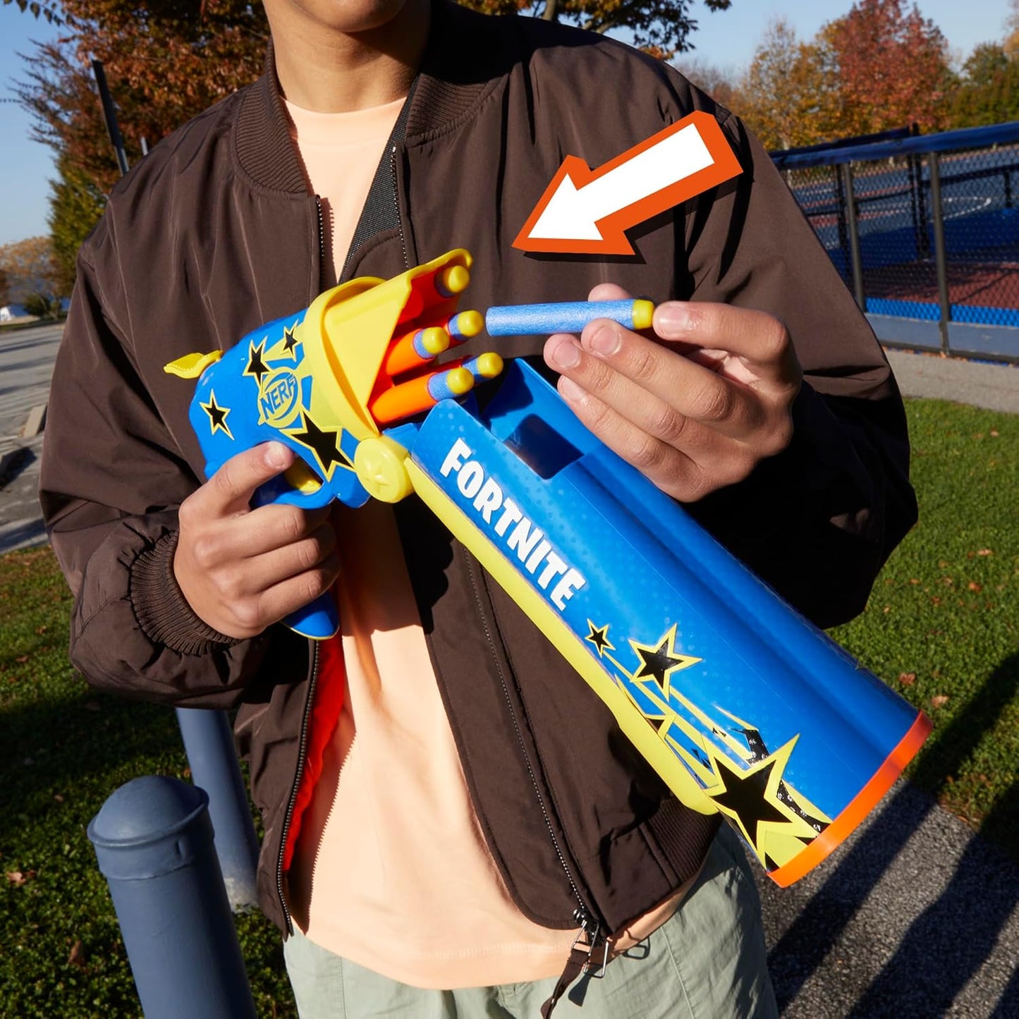 Nerf Fortnite Half Tone Hero Blaster, Bonus Code to Unlock Half Tone Hero Wrap in The Game, Break Open Loading, 12 Nerf Elite Darts