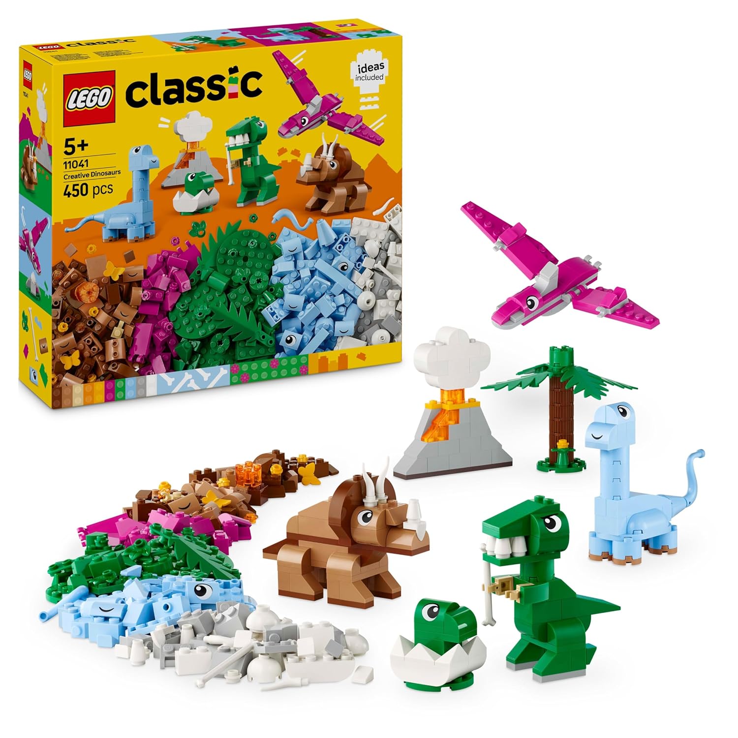 LEGO Classic Creative Dinosaurs 11041 set with 450 pieces, including T. rex, pterosaur, triceratops, brontosaurus, and baby T. rex models for imaginative play
