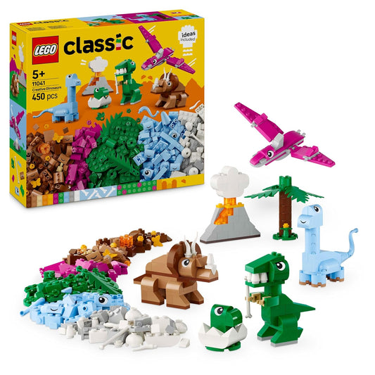LEGO Classic Creative Dinosaurs 11041 set with 450 pieces, including T. rex, pterosaur, triceratops, brontosaurus, and baby T. rex models for imaginative play