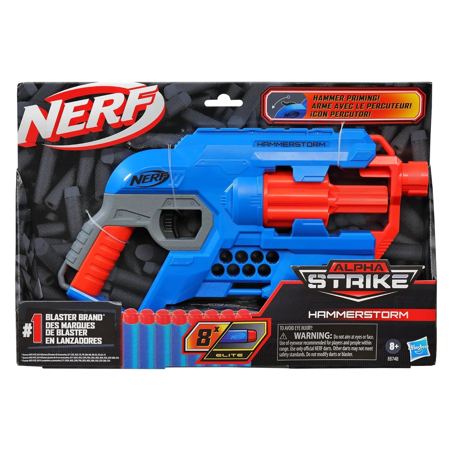 Nerf Alpha Strike Hammerstorm Blaster – Hammer-Priming Action, Rotating 8-Dart Drum, 8 Official Nerf Elite Darts – for Children, Teens, Adults, Multicolor