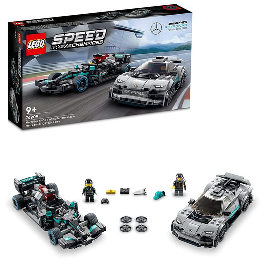 LEGO Speed Champions set 76909 featuring Mercedes-AMG F1 W12 E Performance and Project One models with two driver minifigures.​