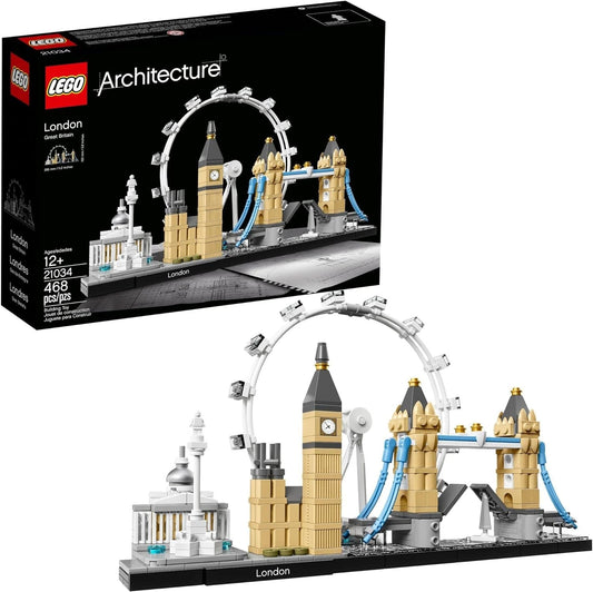 LEGO 21034 Architecture London Skyline set showcasing models of Big Ben, Tower Bridge, London Eye, and the National Gallery, complete with a decorative "London" nameplate.​