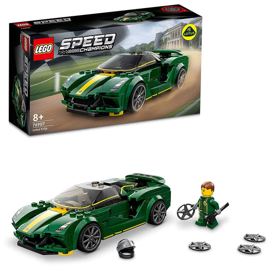 LEGO 76907 Lotus Evija model showcasing a detailed replica of the electric hypercar with driver minifigure.​