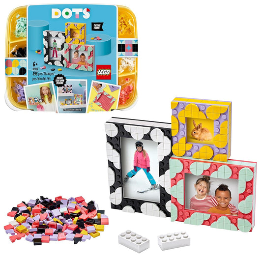LEGO DOTS 41914 Creative Picture Frames set with 33 colorful pieces, allowing kids to build and customize their own fun photo frame decorations.

