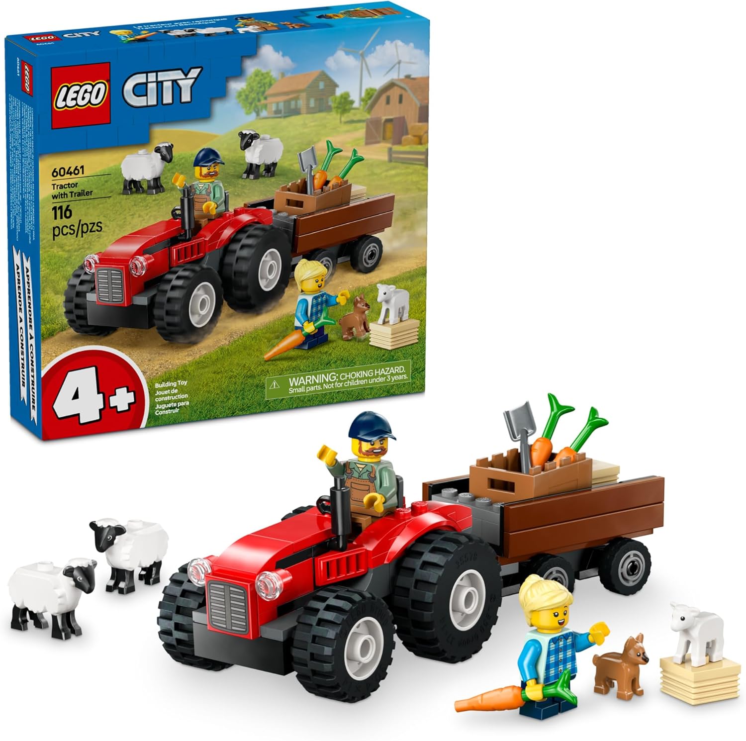 LEGO City Red Farm Tractor with Trailer & Sheep 60461, showcasing a red tractor with detachable trailer, farmer and daughter minifigures, sheep, lamb, and puppy figures, designed for builders aged 4+.