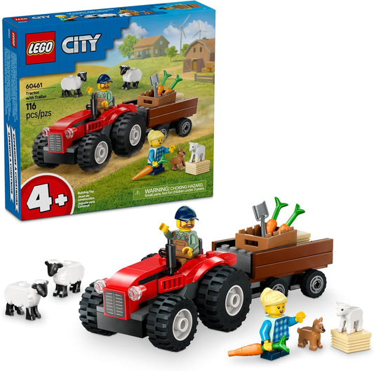 LEGO City Red Farm Tractor with Trailer & Sheep 60461, showcasing a red tractor with detachable trailer, farmer and daughter minifigures, sheep, lamb, and puppy figures, designed for builders aged 4+.