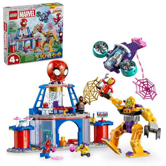 LEGO 10794 Team Spidey Web Spinner Headquarters set showcasing a colorful HQ with rotating propellers, a mech for Zola with posable legs and claws, and minifigures of Spidey, Iron Man, Miles “Spin” Morales, Ghost-Spider, and Zola.​