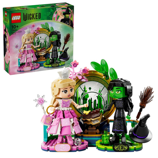 LEGO Wicked Elphaba & Glinda Fantasy Playset 75682 with 558 pieces featuring intricately designed figures and magical construction details