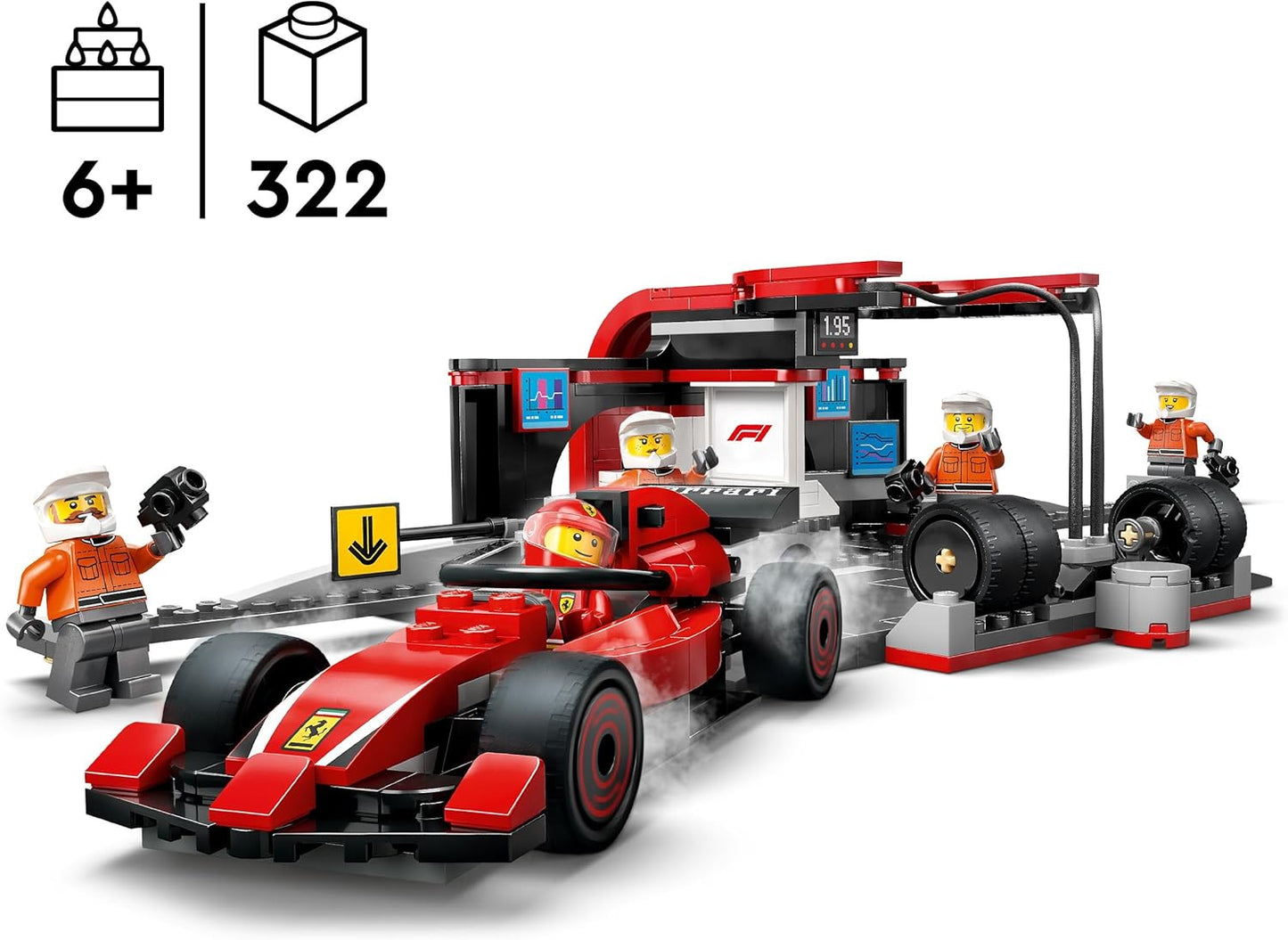 LEGO City F1 Pit Stop & Pit Crew with Ferrari Car Toy - Formula 1 Set incl. a Driver Minifigure, 4 Mechanics, Spare Tyres & Wheel Guns - Building Toys for 6+ Year Old Boys & Girls - 60443