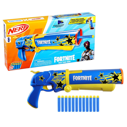 Nerf Fortnite Half Tone Hero Blaster, Bonus Code to Unlock Half Tone Hero Wrap in The Game, Break Open Loading, 12 Nerf Elite Darts