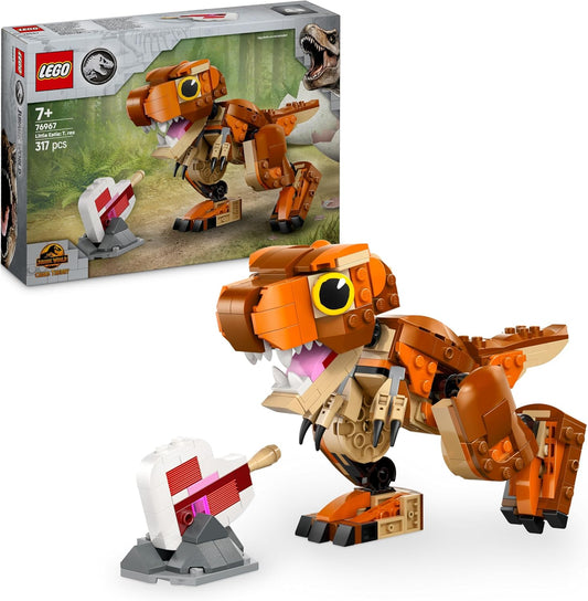 LEGO Jurassic World Little Eatie: T. rex 76967 set showcasing a posable T. rex with movable head, tail, and limbs, complete with a brick-built steak accessory, designed for builders aged 7+