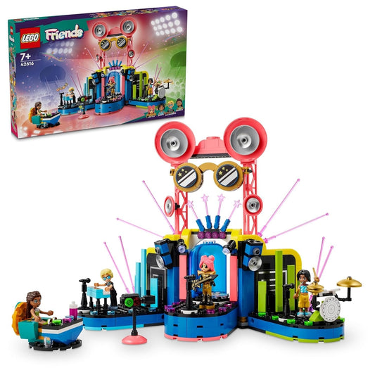 LEGO Friends Heartlake City Music Talent Show (42616) set with a stage, mini-dolls, and music-themed accessories for creative performances and fun play.
