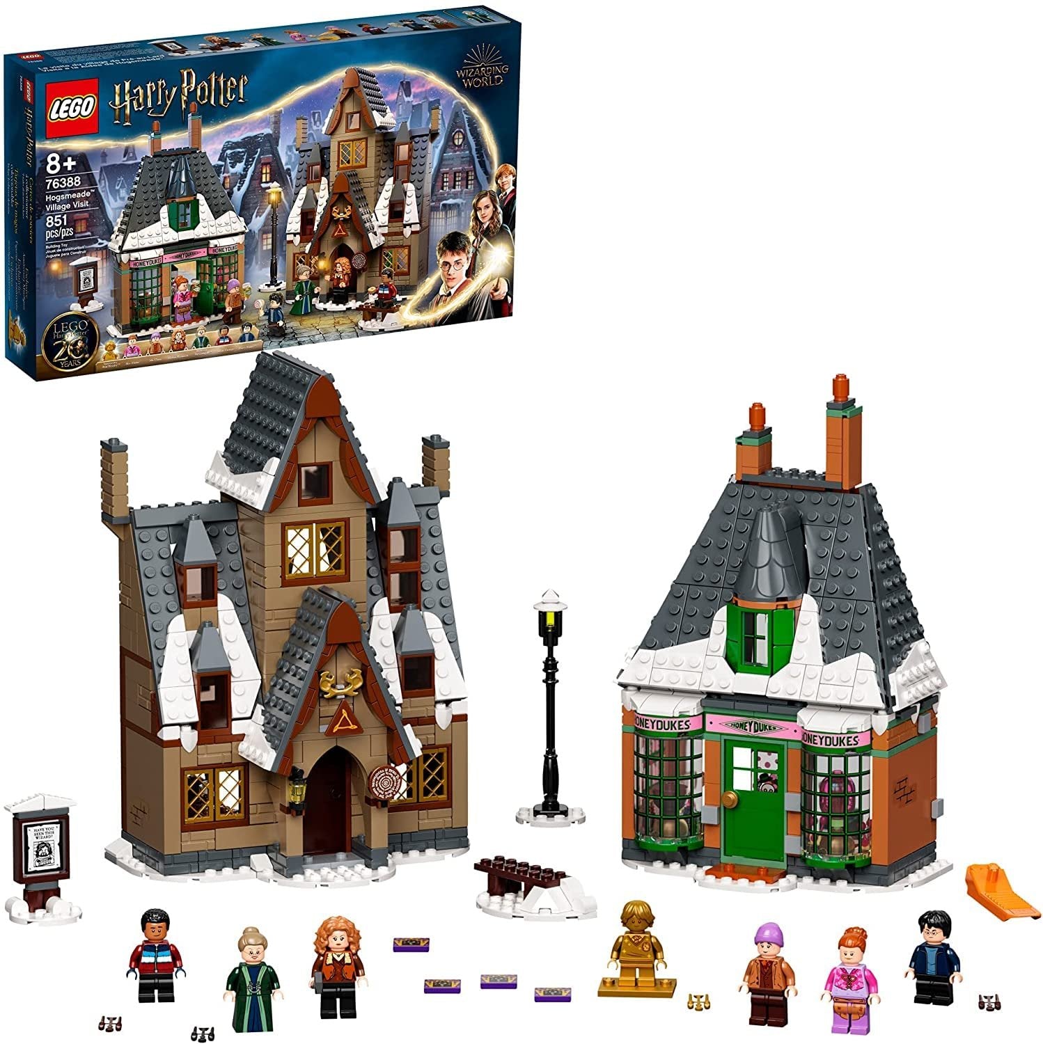 LEGO Harry Potter Hogsmeade Village Visit 76388 set with 851 pieces, including Honeydukes Sweetshop, The Three Broomsticks pub, 6 minifigures, and a golden Ron Weasley.