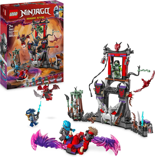 LEGO NINJAGO Dragonian Storm Village 71841 featuring a detailed battle arena with cage, retractable bridge, pit with skeleton, climbing rope, spinner toy, and minifigures of Zane, Nya, Rogue, Morro, Dragonian Warrior, and Dragonian Scout, designed for builders aged 7+.