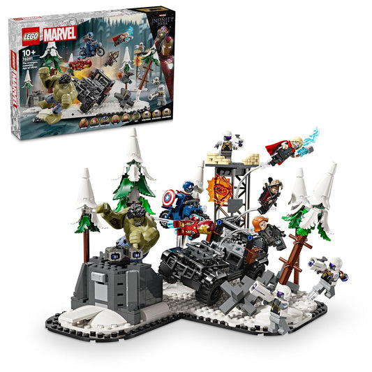 LEGO Marvel The Avengers Assemble: Age of Ultron 76291 featuring minifigures of Black Widow, Captain America, Iron Man, Thor, Hawkeye, Hydra Troopers, and a large Hulk figure
