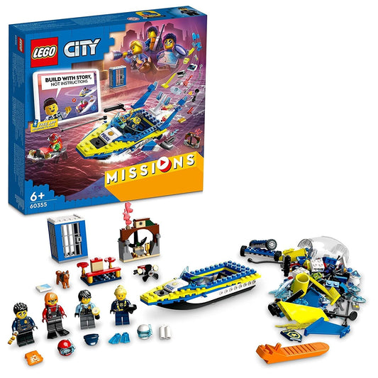 LEGO 60355 City Water Police Detective Missions set with 278 pieces, featuring a police boat, detective minifigures, and investigation tools for action-packed play