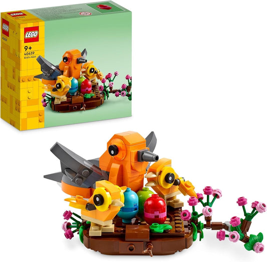 LEGO 40639 Bird’s Nest set featuring a brick-built nest with a flowering branch, a mama bird, two chicks, and three colorful Easter eggs.​
