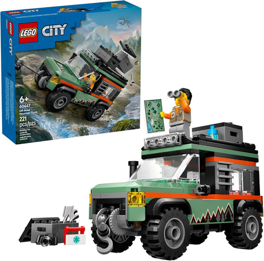 LEGO City Off-Road 4x4 Mountain Truck 60447, featuring a rugged off-road vehicle with roof storage boxes, tools, working winch, and an adventurer minifigure, designed for builders aged 6+.