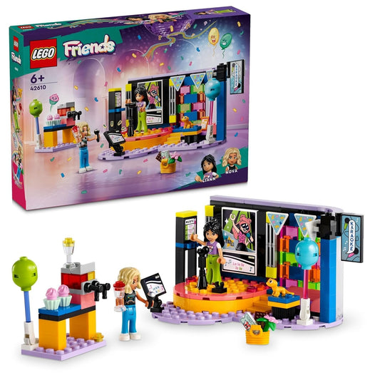 LEGO® Friends 42610 Karaoke Music Party set featuring a revolving stage, microphones, slushie machine, cupcakes, balloons, and mini-dolls Nova and Liann with a pet gecko.