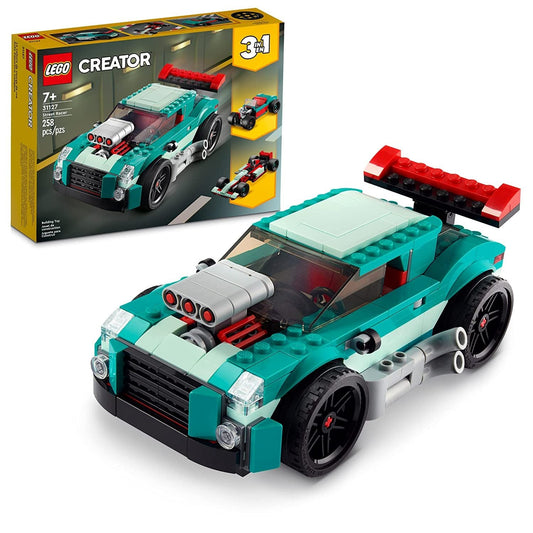 LEGO Creator 31127 Street Racer set featuring muscle car, race car, and hot rod models, each with unique design elements and buildable features.