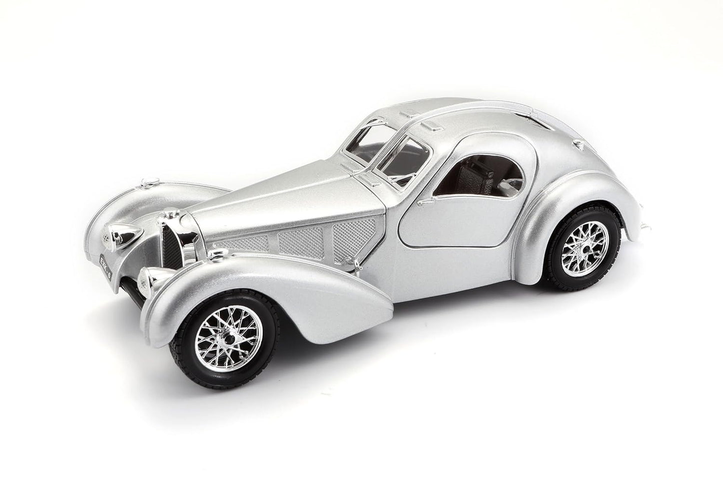Bburago Bugatti Atlantic silver die-cast collectible car for kids and collectors.

