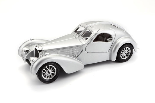 Bburago Bugatti Atlantic silver die-cast collectible car for kids and collectors.

