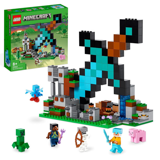 LEGO Minecraft 21244 The Sword Outpost featuring giant sword-shaped base, minifigures, and enemy mobs in a desert scene