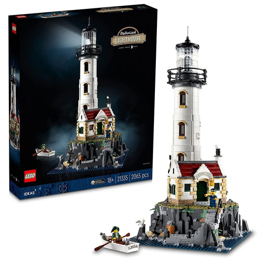 LEGO Ideas Motorized Lighthouse 21335 set with 2,065 pieces, featuring a rotating light mechanism, detailed cottage, and immersive building experience.