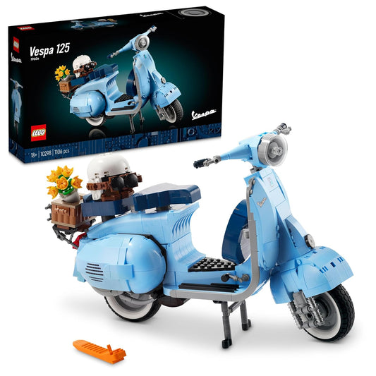 LEGO 10298 Vespa 125 model kit with 1,106 pieces, showcasing a detailed scooter design
