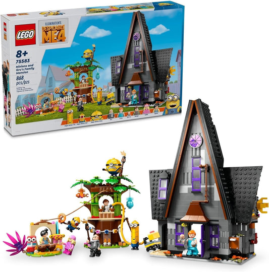LEGO Despicable Me 4 Minions & Gru's Family Mansion (75583) playset featuring Minions, Gru, and a detailed treehouse, perfect for creative play.
