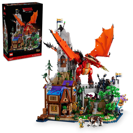 LEGO 21348 Dungeons & Dragons: Red Dragon's Tale set showcasing the modular tavern, dungeon, tower, and posable Cinderhowl the Red Dragon.​
