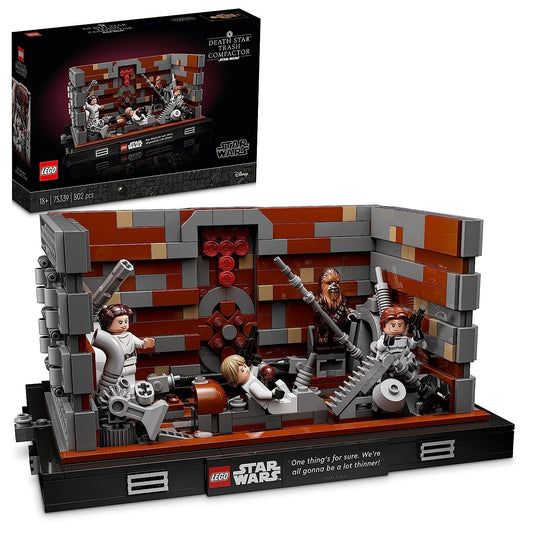 LEGO Star Wars Death Star Trash Compactor Diorama 75339 set with 802 pieces, including movable compactor walls, minifigures of Luke Skywalker, Han Solo, Princess Leia, Chewbacca, C-3PO, R2-D2, and a display plaque with Han Solo's quote.