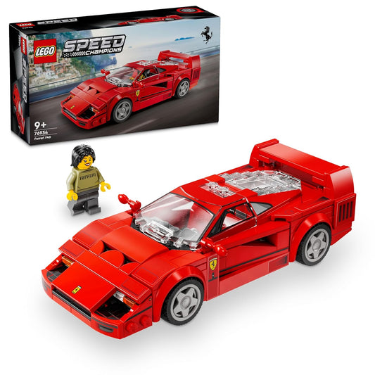 LEGO Speed Champions Ferrari F40 76934 supercar building toy for kids aged 9 and up – red Ferrari model with driver minifigure.