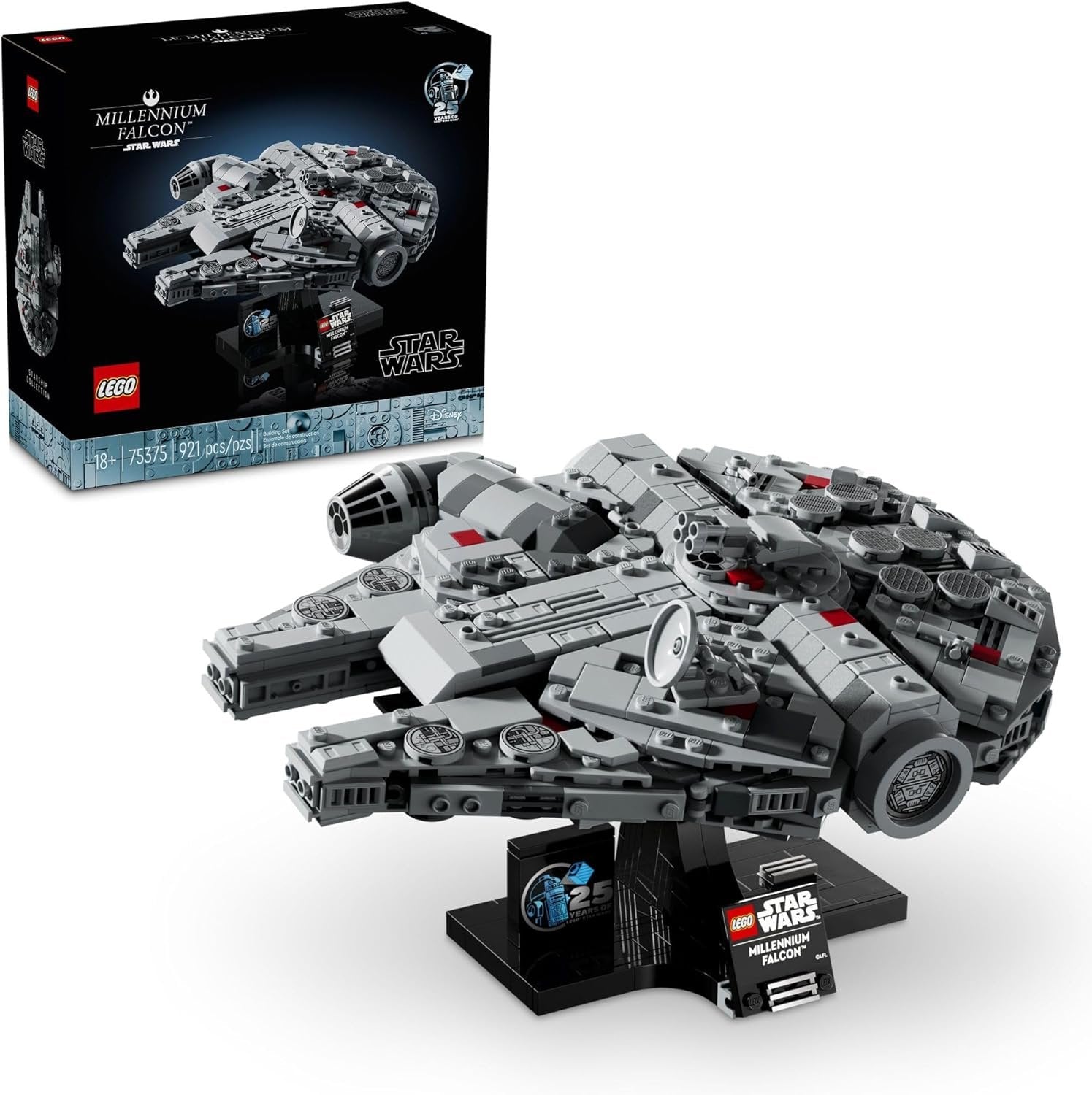 LEGO 75375 Star Wars Millennium Falcon set showcasing the detailed model with a display stand.​