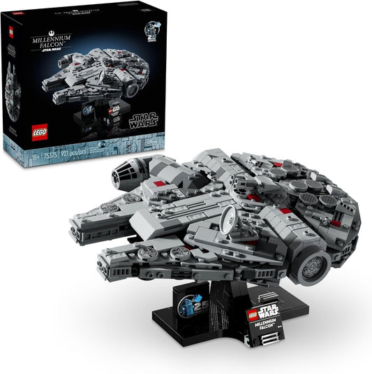 LEGO 75375 Star Wars Millennium Falcon set showcasing the detailed model with a display stand.​