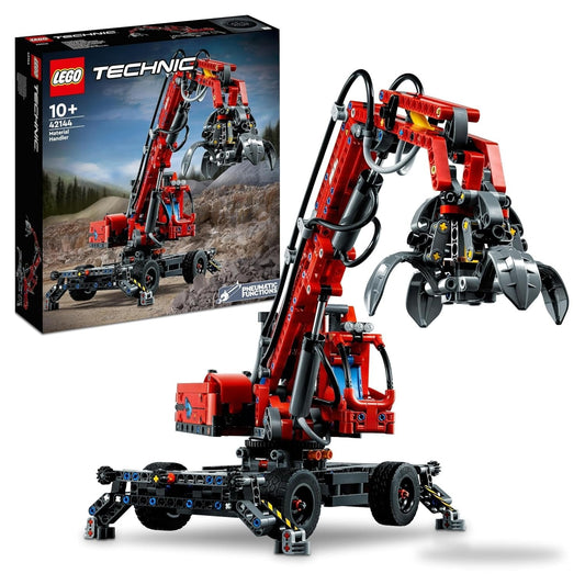 LEGO Technic Material Handler 42144 set showcasing a detailed crane model with pneumatic arm, rotating upper body, and mobile undercarriage.​