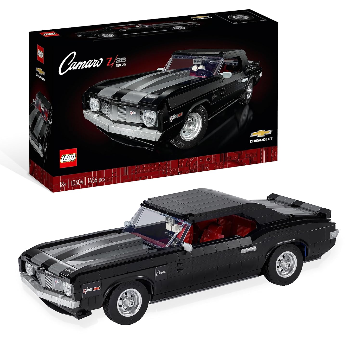 LEGO Icons 10304 Chevrolet Camaro Z28 set showcasing the detailed black muscle car model with customizable features and realistic design.​