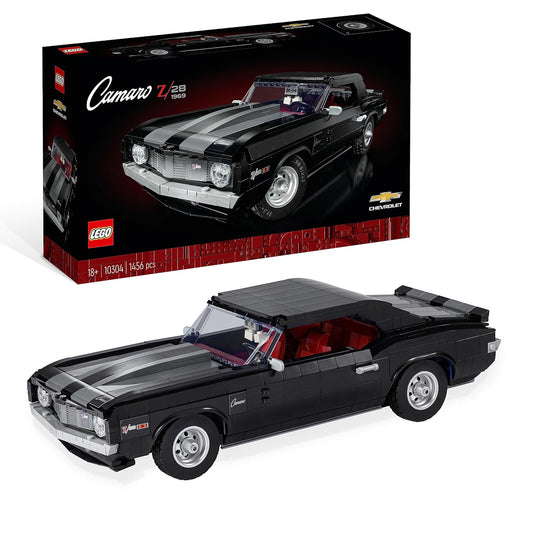 LEGO Icons 10304 Chevrolet Camaro Z28 set showcasing the detailed black muscle car model with customizable features and realistic design.​
