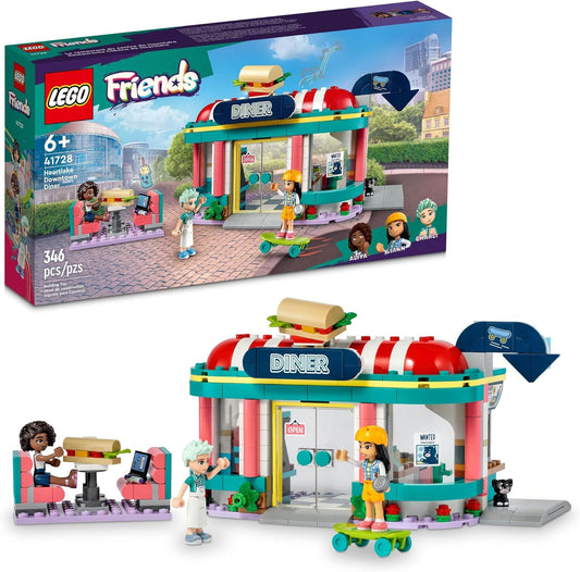 LEGO Friends 41728 Heartlake Downtown Diner with mini-dolls Liann, Aliya, and Charli, plus food and restaurant accessories