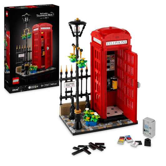 LEGO Ideas 21347 Red London Telephone Box set showcasing a detailed red phone booth with light-up feature, vintage phones, lamppost, and cobbled street scene.​