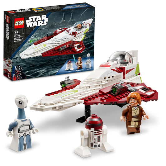 LEGO 75333 Obi-Wan Kenobi's Jedi Starfighter set featuring a detailed starfighter model, stud shooters, retractable landing gear, and minifigures of Obi-Wan, Taun We, and R4-P17.