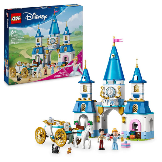 LEGO Disney Princess Cinderella’s Castle & Horse Carriage set 43275 featuring a detailed castle and charming horse carriage design for kids 6+
