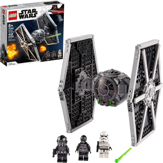 LEGO 75300 Star Wars Imperial TIE Fighter set featuring a detailed starfighter model, opening cockpit, spring-loaded shooters, and minifigures of TIE Fighter Pilot, Stormtrooper, and NI-L8 Protocol Droid.