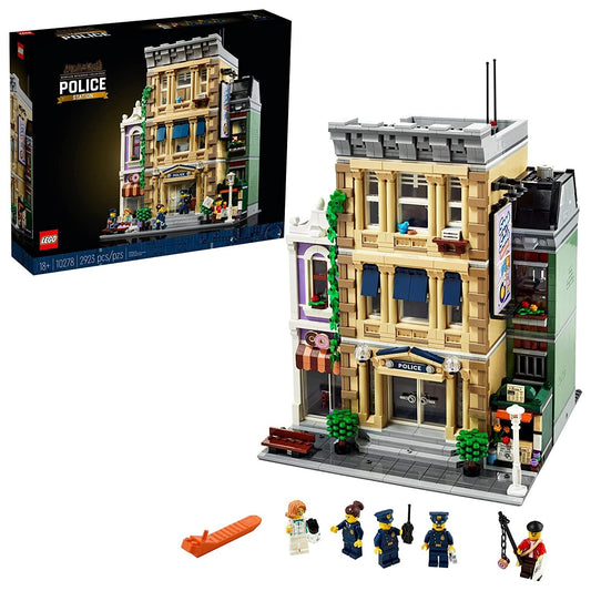 LEGO Police Station 10278 set with 2,923 pieces, including a three-story police station, donut shop, newsstand, and five unique minifigures.
